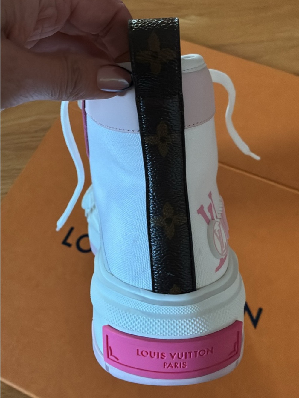 Louis Vuitton White and Pink Lace-Up High-Top Boot with Monogram Heel Tab